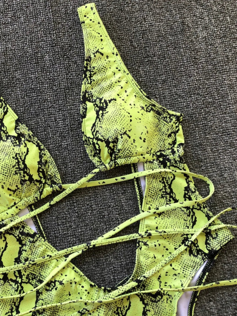 Lace - Up Backless Plunge One - Piece Swimwear - Diverse Creations & CompanyOne Piece SwimsuitYellow - Green