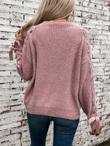 Lace Up Round Neck Long Sleeve Sweater - Diverse Creations & CompanyLace Up Round Neck Long Sleeve SDusty Pink