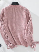 Lace Up Round Neck Long Sleeve Sweater - Diverse Creations & CompanyLace Up Round Neck Long Sleeve SDusty Pink