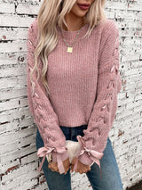 Lace Up Round Neck Long Sleeve Sweater - Diverse Creations & CompanyLace Up Round Neck Long Sleeve SDusty Pink