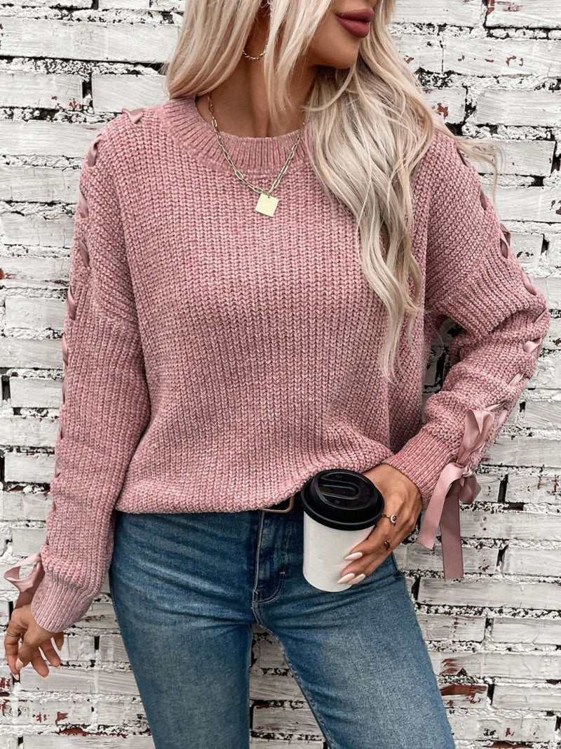 Lace Up Round Neck Long Sleeve Sweater - Diverse Creations & CompanyLace Up Round Neck Long Sleeve SDusty Pink