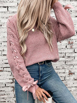 Lace Up Round Neck Long Sleeve Sweater - Diverse Creations & CompanyLace Up Round Neck Long Sleeve SDusty Pink