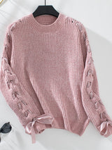 Lace Up Round Neck Long Sleeve Sweater - Diverse Creations & CompanyLace Up Round Neck Long Sleeve SDusty Pink