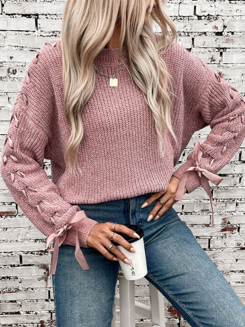 Lace Up Round Neck Long Sleeve Sweater - Diverse Creations & CompanyLace Up Round Neck Long Sleeve SDusty Pink