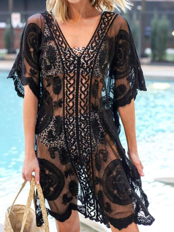 Lace V - Neck Half Sleeve Cover - Up - Diverse Creations & CompanyCover - Ups swimwearBlack