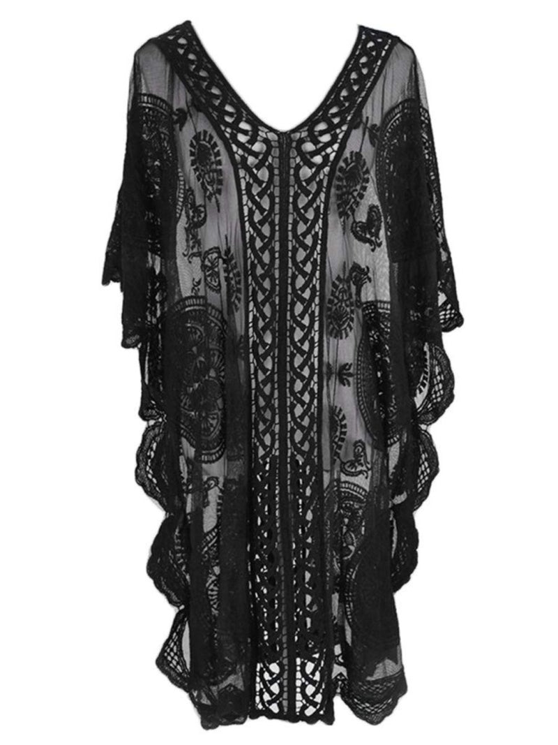 Lace V - Neck Half Sleeve Cover - Up - Diverse Creations & CompanyCover - Ups swimwearBlack