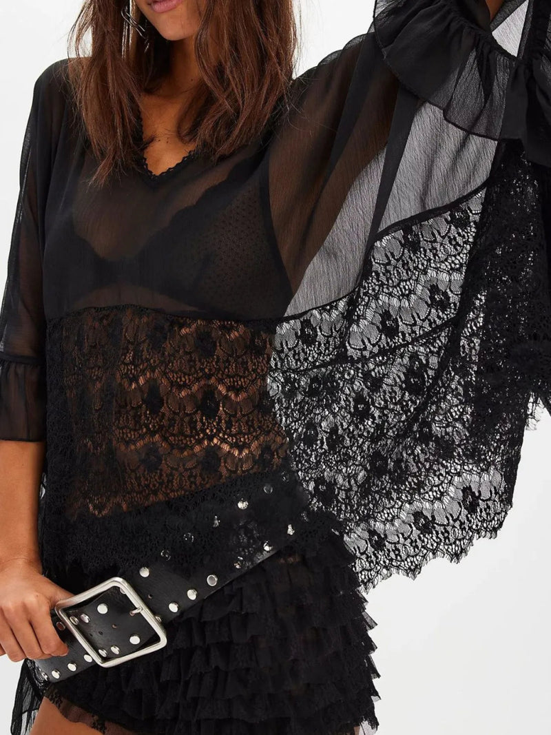 Lace V - Neck Ruffle Long Sleeve Cover - Up - Diverse Creations & CompanyCover - Ups swimwearBlack