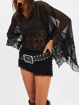 Lace V - Neck Ruffle Long Sleeve Cover - Up - Diverse Creations & CompanyCover - Ups swimwearBlack