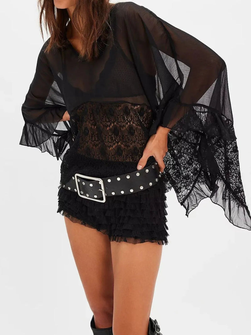 Lace V - Neck Ruffle Long Sleeve Cover - Up - Diverse Creations & CompanyCover - Ups swimwearBlack