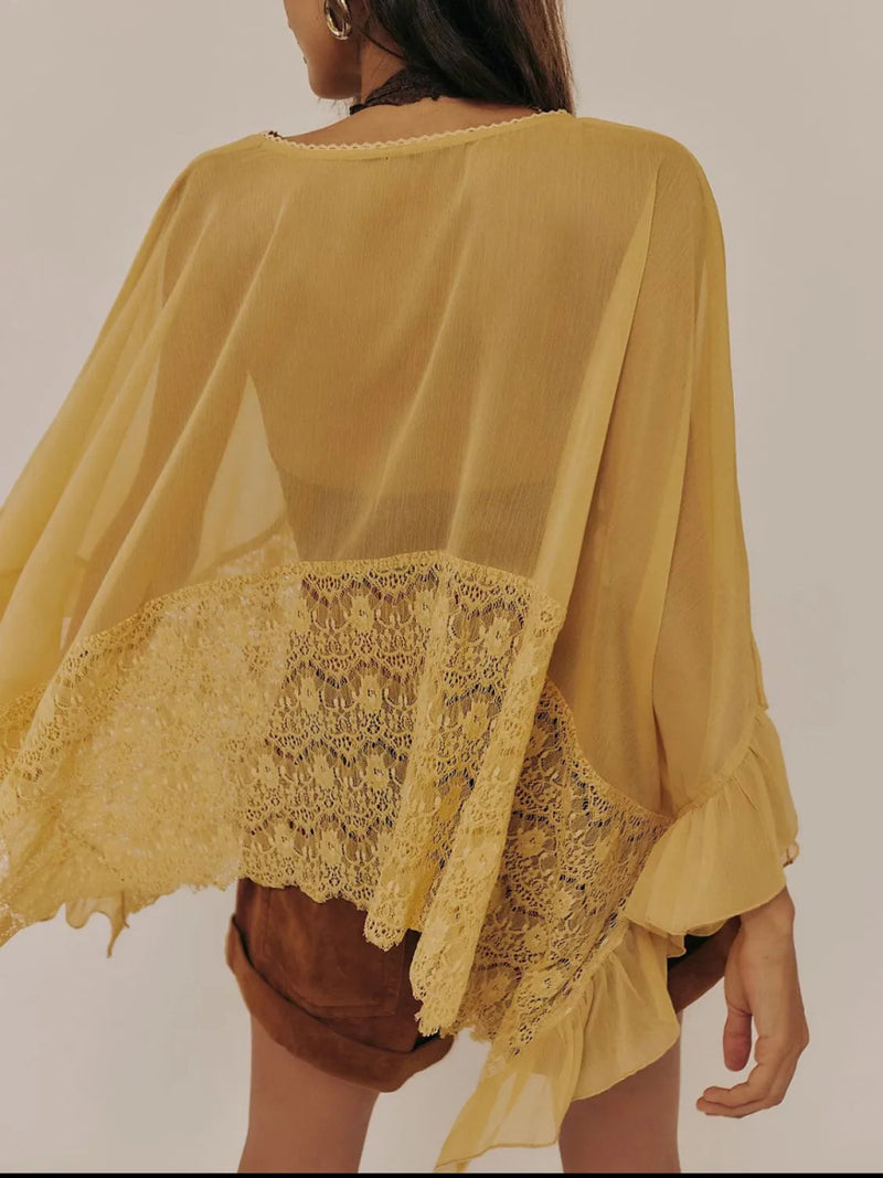 Lace V - Neck Ruffle Long Sleeve Cover - Up - Diverse Creations & CompanyCover - Ups swimwearMustard