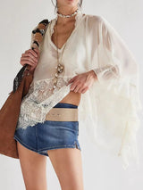 Lace V - Neck Ruffle Long Sleeve Cover - Up - Diverse Creations & CompanyCover - Ups swimwearWhite