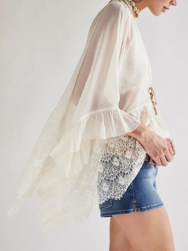 Lace V - Neck Ruffle Long Sleeve Cover - Up - Diverse Creations & CompanyCover - Ups swimwearWhite