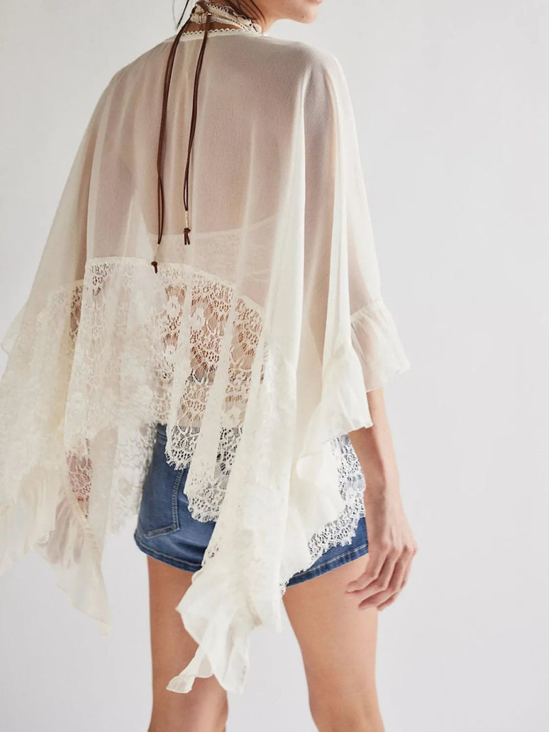 Lace V - Neck Ruffle Long Sleeve Cover - Up - Diverse Creations & CompanyCover - Ups swimwearWhite