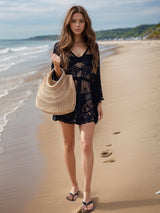 Lace V - Neck Three - Quarter Sleeve Cover Up - Diverse Creations & CompanyCover - Ups swimwearBlack