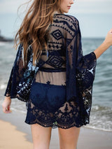 Lace V - Neck Three - Quarter Sleeve Cover Up - Diverse Creations & CompanyCover - Ups swimwearBlack