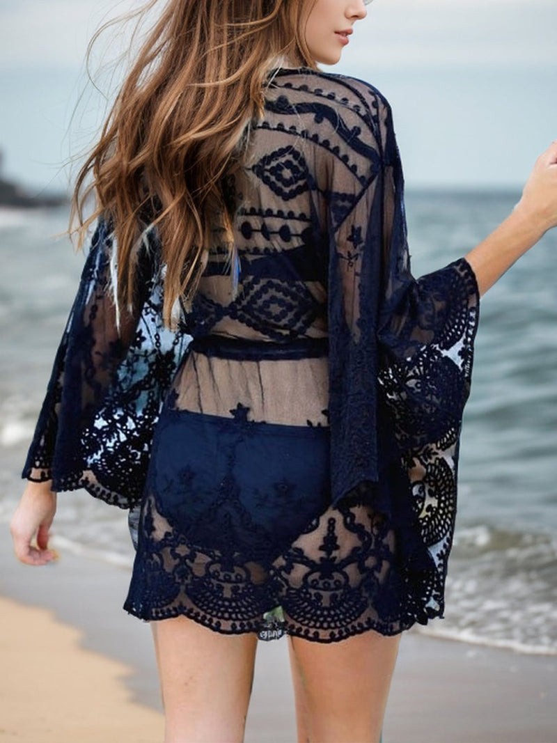 Lace V - Neck Three - Quarter Sleeve Cover Up - Diverse Creations & CompanyCover - Ups swimwearBlack