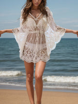 Lace V - Neck Three - Quarter Sleeve Cover Up - Diverse Creations & CompanyCover - Ups swimwearWhite