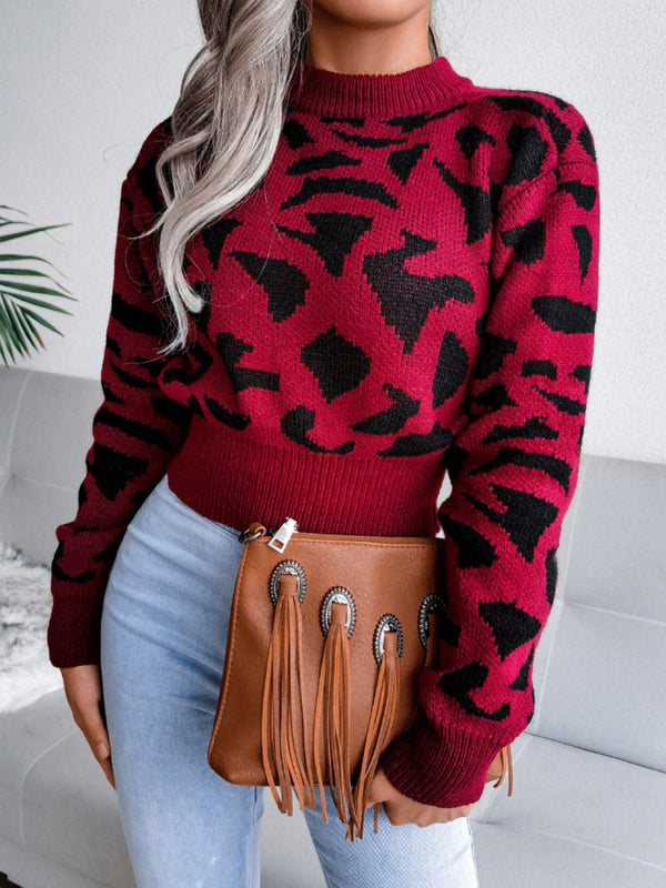 Leopard Round Neck Dropped Shoulder Sweater - Diverse Creations & CompanyLeopard Round Neck Dropped ShoulRust