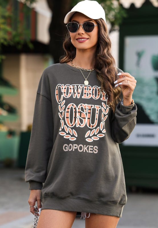 Letter Graphic Round Neck Long Sleeve Sweatshirt - Diverse Creations & CompanyLetter Graphic Round Neck Long Sleeve SweatshirtDark Gray