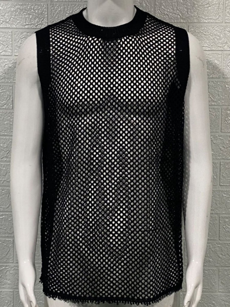 Man 's Round Neck Hollow Out Sleeveless Knit Top - Diverse Creations & CompanySleeveless Knit shirtBlack