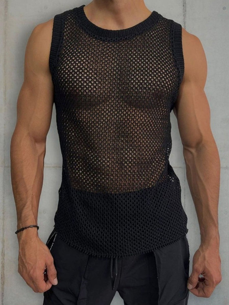 Man 's Round Neck Hollow Out Sleeveless Knit Top - Diverse Creations & CompanySleeveless Knit shirtBlack