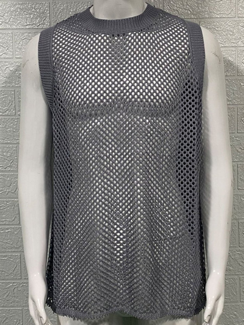Man 's Round Neck Hollow Out Sleeveless Knit Top - Diverse Creations & CompanySleeveless Knit shirtGray