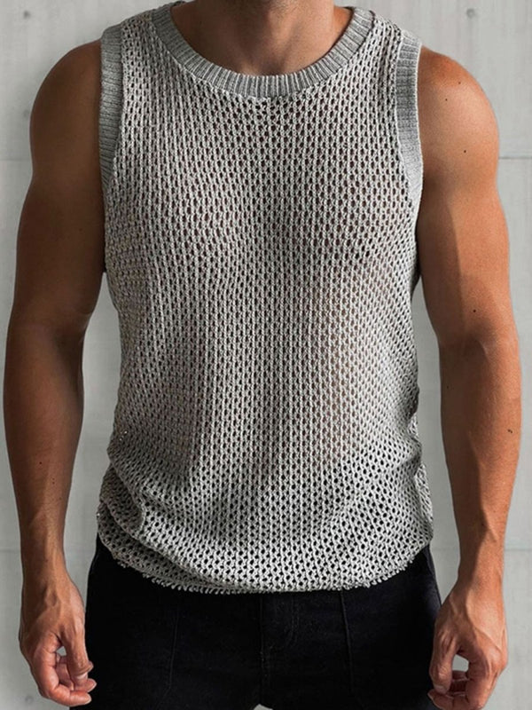 Man 's Round Neck Hollow Out Sleeveless Knit Top - Diverse Creations & CompanySleeveless Knit shirtGray