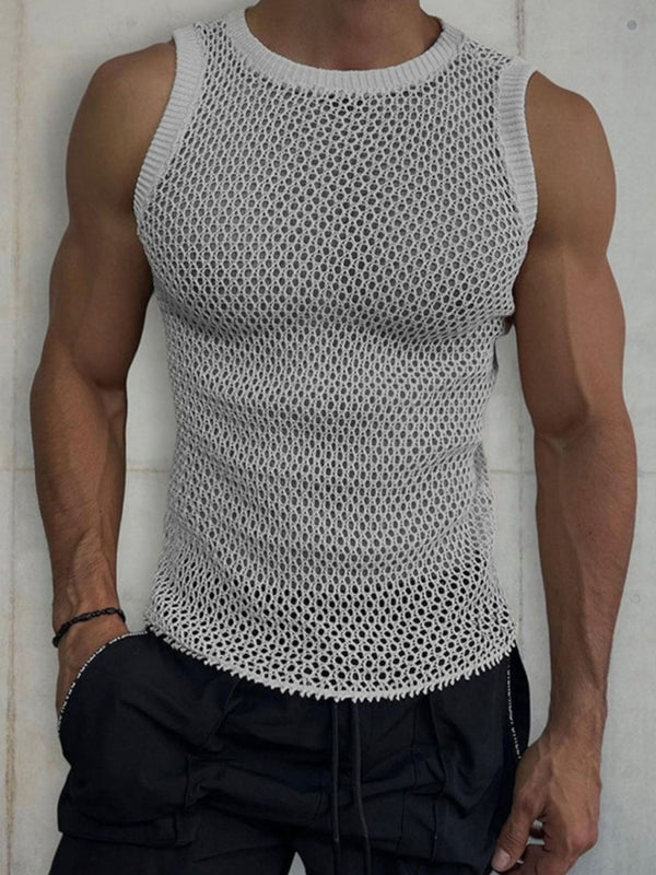 Man 's Round Neck Hollow Out Sleeveless Knit Top - Diverse Creations & CompanySleeveless Knit shirtGray