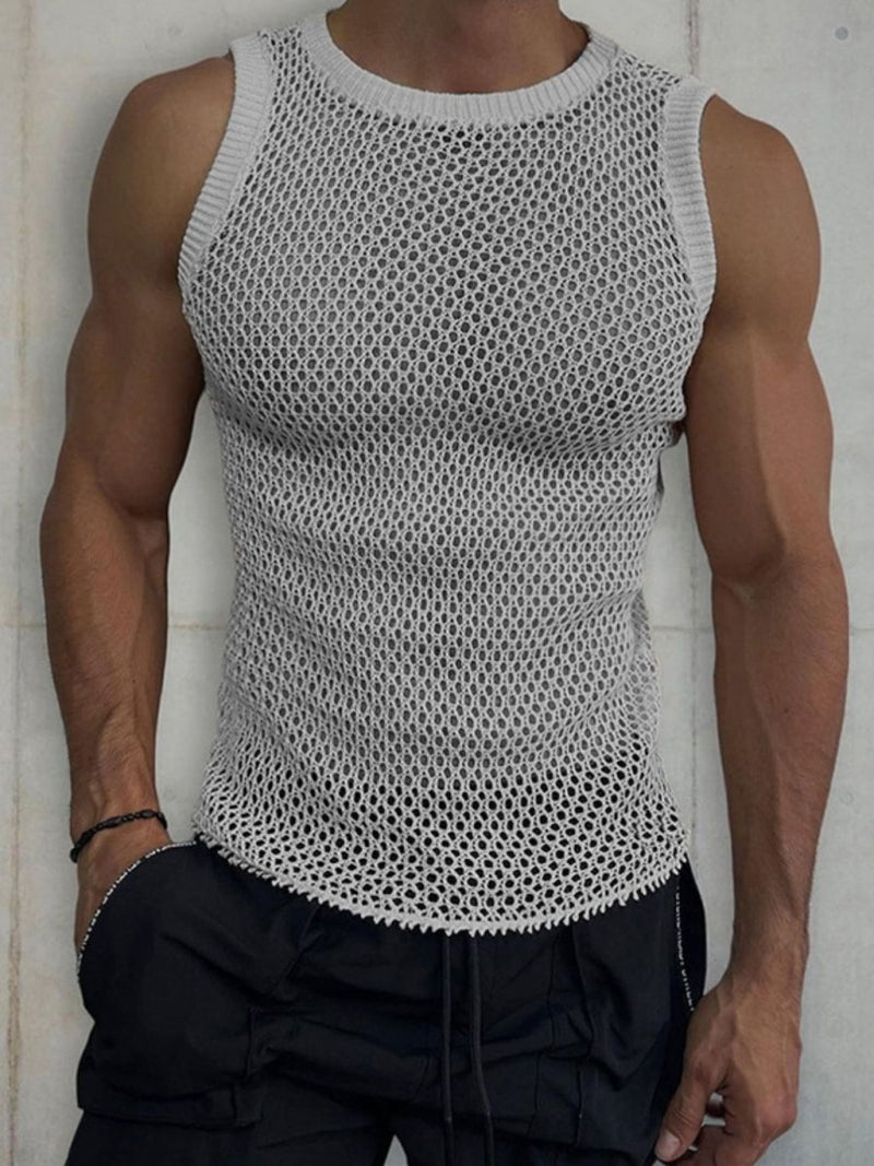 Man 's Round Neck Hollow Out Sleeveless Knit Top - Diverse Creations & CompanySleeveless Knit shirtGray