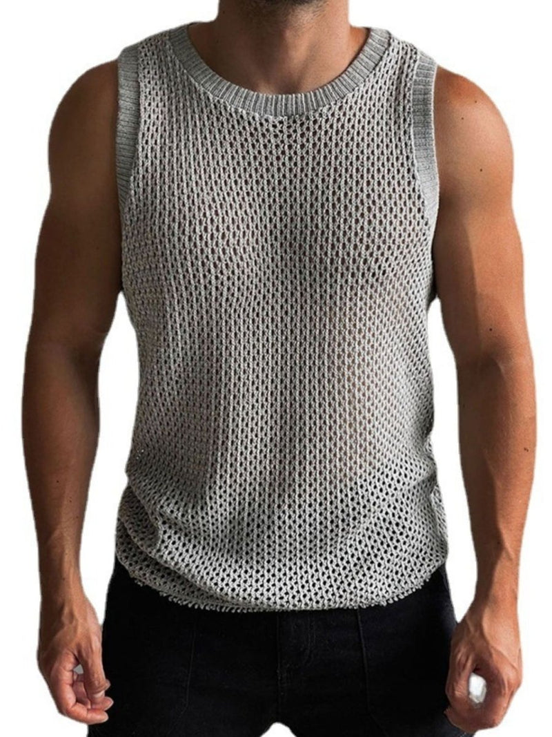 Man 's Round Neck Hollow Out Sleeveless Knit Top - Diverse Creations & CompanySleeveless Knit shirtGray