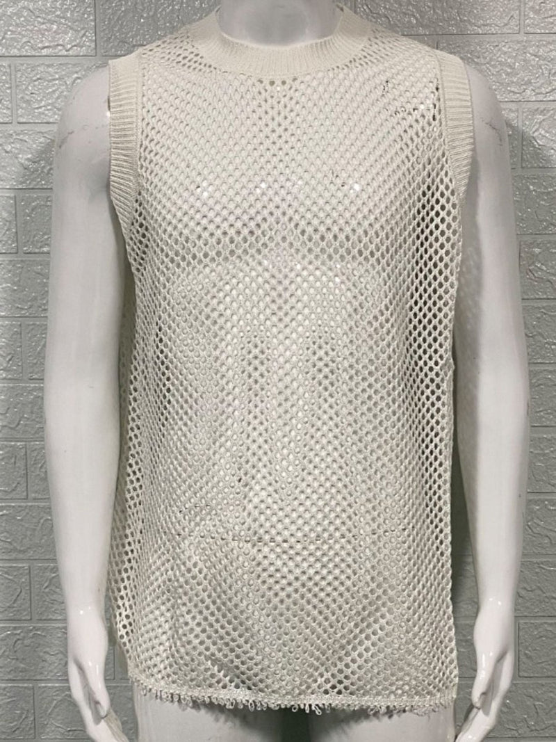 Man 's Round Neck Hollow Out Sleeveless Knit Top - Diverse Creations & CompanySleeveless Knit shirtIvory