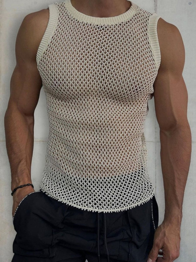Man 's Round Neck Hollow Out Sleeveless Knit Top - Diverse Creations & CompanySleeveless Knit shirtIvory