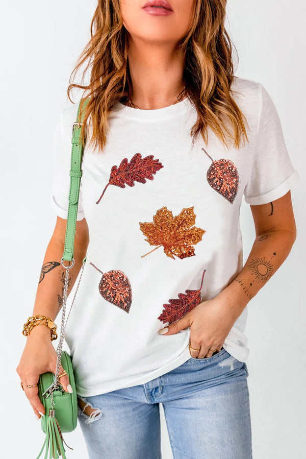 Maple Leaf Round Neck Short Sleeve T-Shirt - Diverse Creations & CompanyRound Neck Short Sleeve T-ShirtWhite