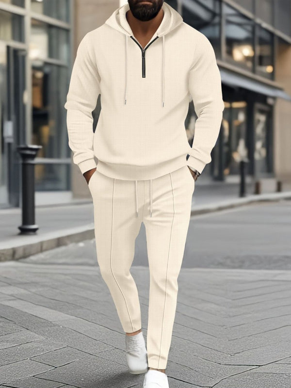 Men's Cozy Waffle Knit Hoodie and Pants Set Plus Size - Diverse Creations & CompanyTwo - piece short sleeveshirt and shortsBeige