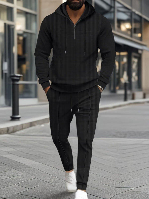 Men's Cozy Waffle Knit Hoodie and Pants Set Plus Size - Diverse Creations & CompanyTwo - piece short sleeveshirt and shortsBlack