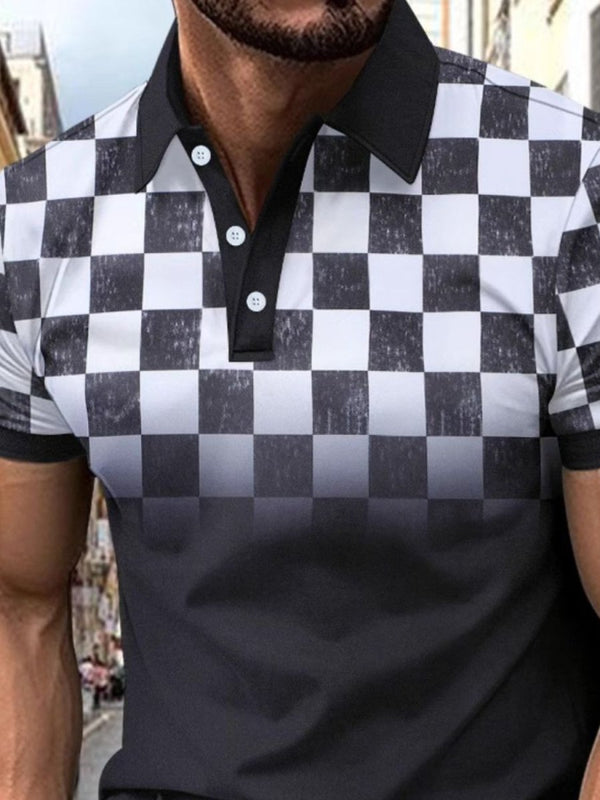 Men's Full - Size Collared Checkered Short Sleeve Polo Plus Size - Diverse Creations & CompanyPolo shirtBlack