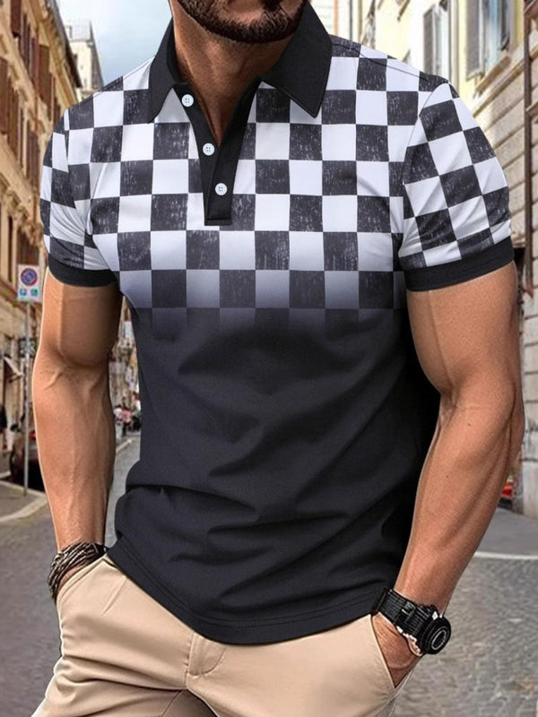 Men's Full - Size Collared Checkered Short Sleeve Polo Plus Size - Diverse Creations & CompanyPolo shirtBlack