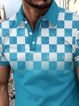 Men's Full - Size Collared Checkered Short Sleeve Polo Plus Size - Diverse Creations & CompanyPolo shirtSky Blue