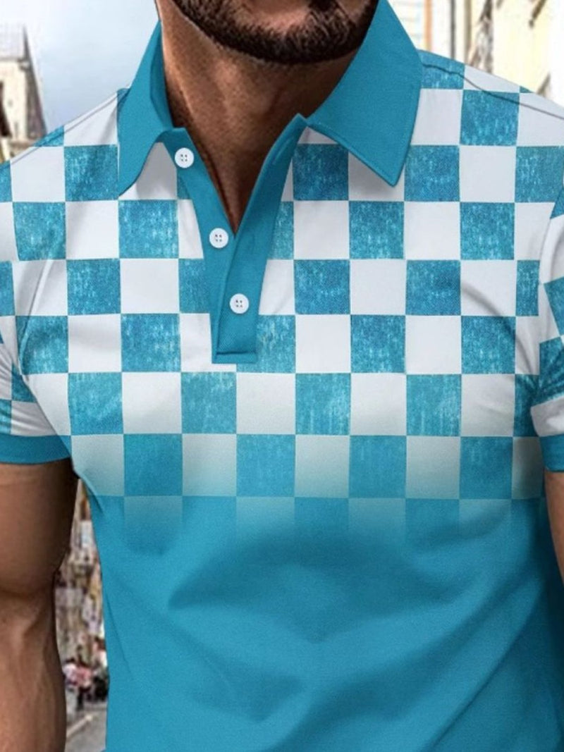 Men's Full - Size Collared Checkered Short Sleeve Polo Plus Size - Diverse Creations & CompanyPolo shirtSky Blue