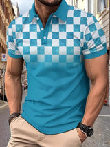 Men's Full - Size Collared Checkered Short Sleeve Polo Plus Size - Diverse Creations & CompanyPolo shirtSky Blue