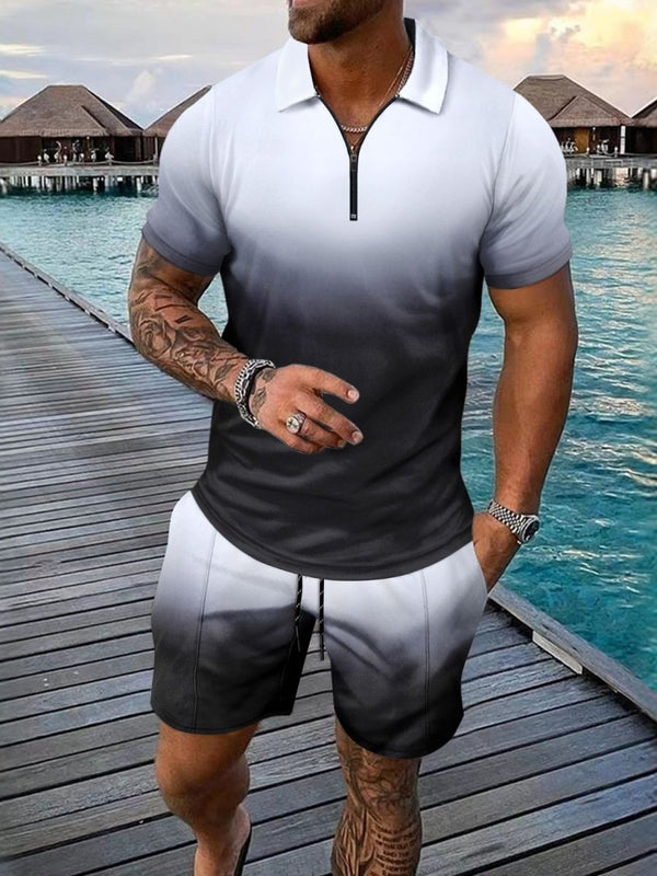 Men's Full Size Gradient Collared Neck Top and Shorts Set Plus Size - Diverse Creations & CompanyTwo - piece short sleeveshirt and shortsBlack