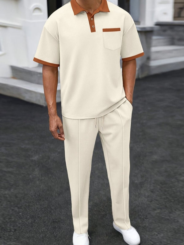 Men's Full Size Waffle - Knit Contrast Polo and Pants Set Plus Size - Diverse Creations & CompanyTwo - piece short sleeve pants setBeige