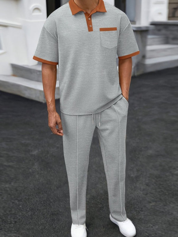 Men's Full Size Waffle - Knit Contrast Polo and Pants Set Plus Size - Diverse Creations & CompanyTwo - piece short sleeve pants setGray
