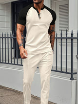 Men's Full Size Waffle - Knit Contrast Top and Drawstring Pants Set - Diverse Creations & CompanyTwo - piece short sleeve shirt and PantsBeige