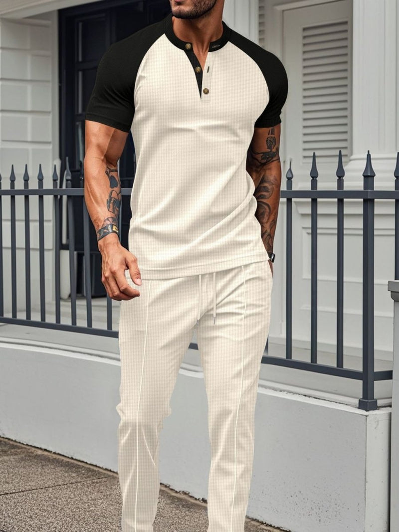 Men's Full Size Waffle - Knit Contrast Top and Drawstring Pants Set - Diverse Creations & CompanyTwo - piece short sleeve shirt and PantsBeige
