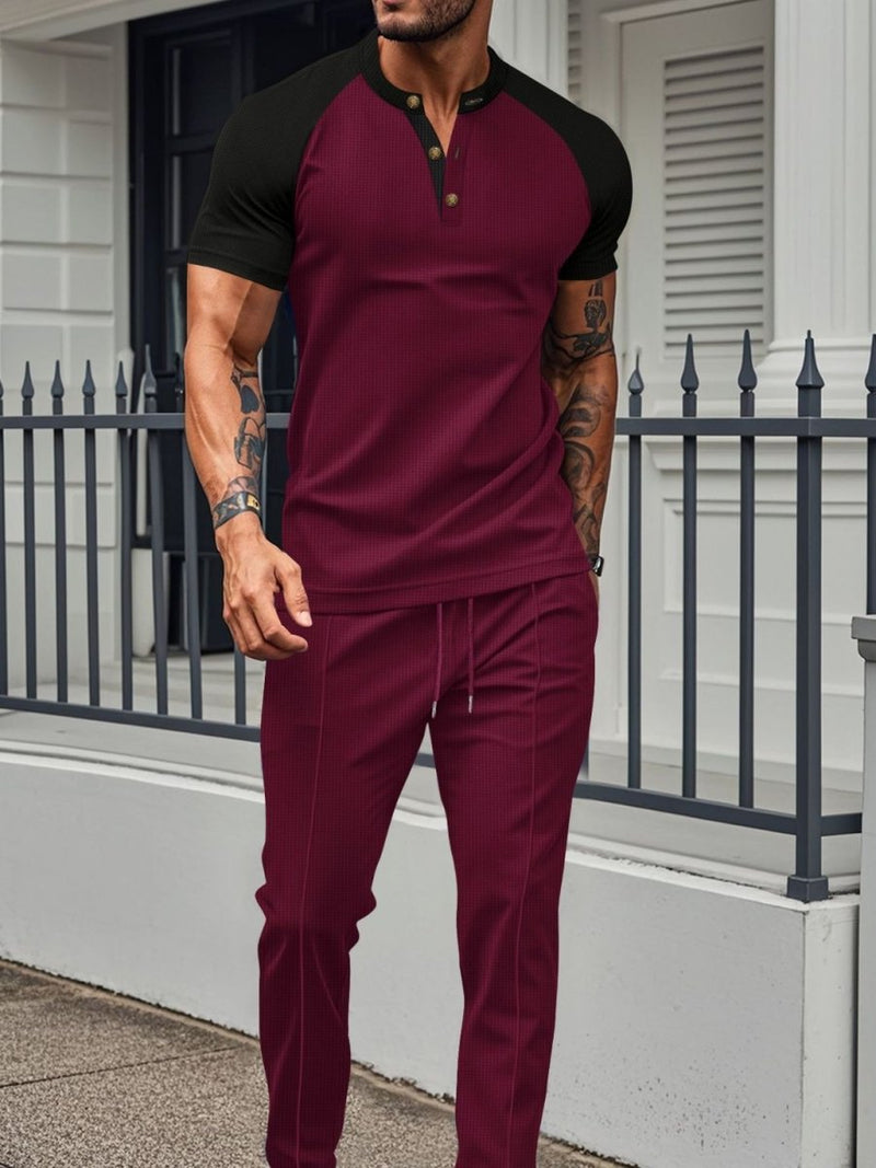 Men's Full Size Waffle - Knit Contrast Top and Drawstring Pants Set - Diverse Creations & CompanyTwo - piece short sleeve shirt and PantsBurgundy