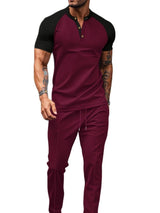Men's Full Size Waffle - Knit Contrast Top and Drawstring Pants Set - Diverse Creations & CompanyTwo - piece short sleeve shirt and PantsBurgundy