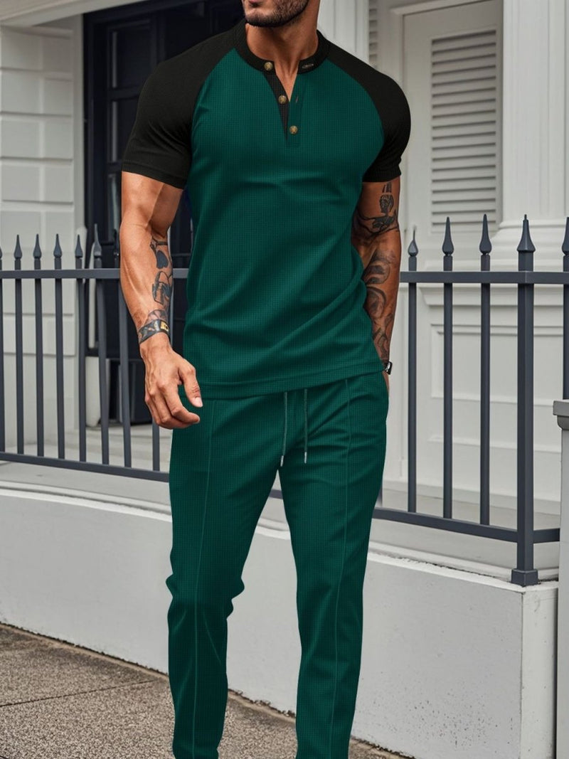 Men's Full Size Waffle - Knit Contrast Top and Drawstring Pants Set - Diverse Creations & CompanyTwo - piece short sleeve shirt and PantsDark Green