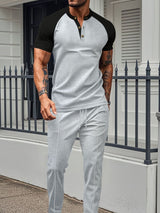 Men's Full Size Waffle - Knit Contrast Top and Drawstring Pants Set - Diverse Creations & CompanyTwo - piece short sleeve shirt and PantsGray