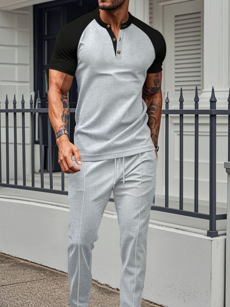Men's Full Size Waffle - Knit Contrast Top and Drawstring Pants Set - Diverse Creations & CompanyTwo - piece short sleeve shirt and PantsGray